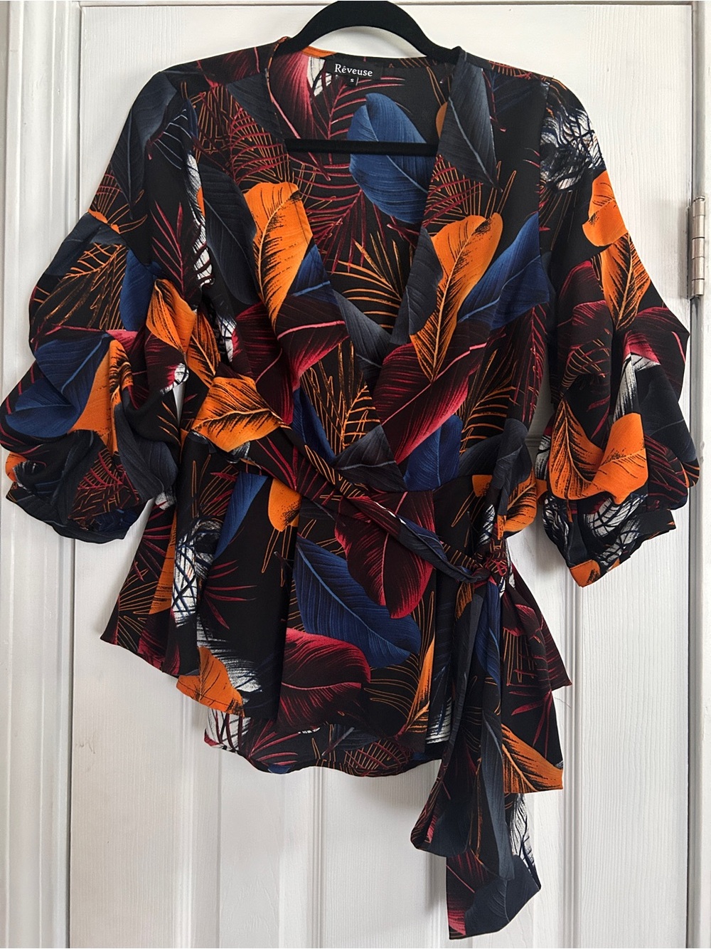 Black Tropical Wrap Blouse with Orange & Blue Leaf Print